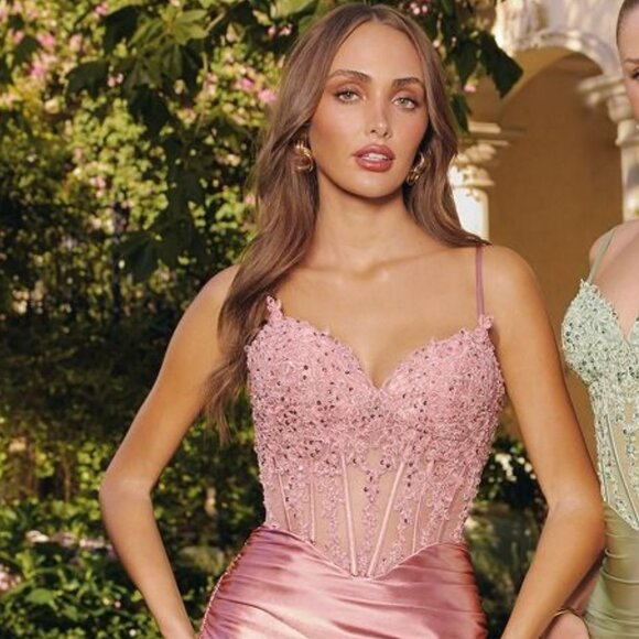 New Soft Satin Rose Evening Maxi Beaded Dress w/ Sheer Boned Bodice CD T819 - Picture 1 of 9